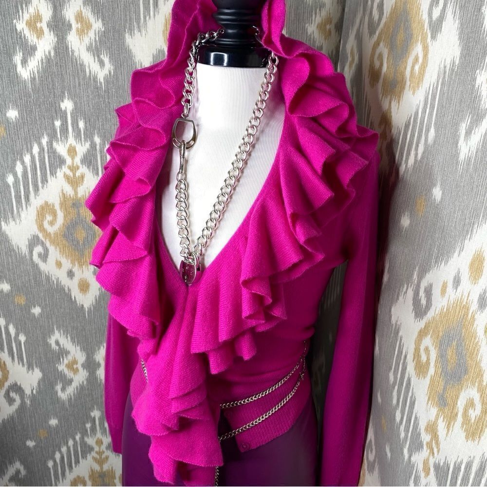 Ralph Lauren Blue Label Fuchsia Italian Cashmere Ruffle Front Cardigan Sweater - Picture 15 of 16